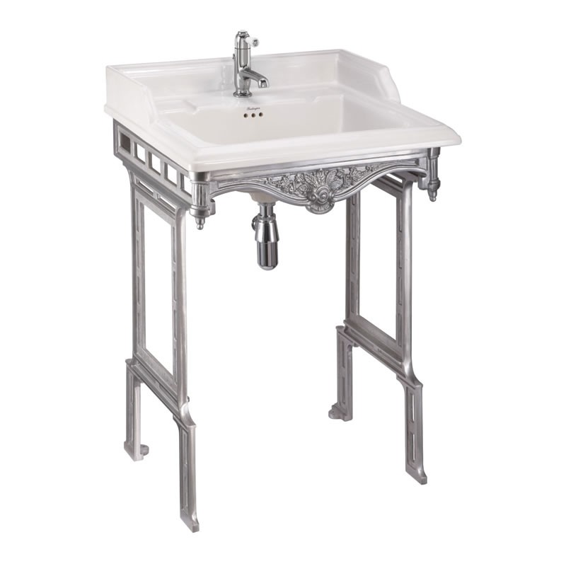  Burlington Classic pakabinamas praustuvas 65 cm baltos sp. su šveisto aliuminio  stovu ir viena skyle maišytuvui