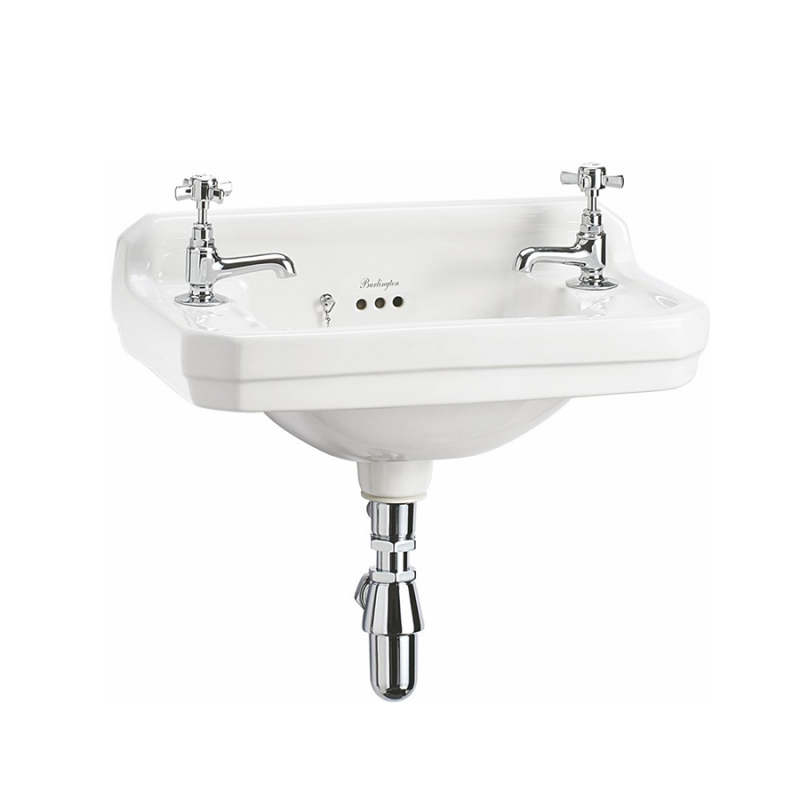 Burlington Edwardian pakabinamas praustuvas 51 cm su dviem skylėm maišytuvams, baltos spalvos