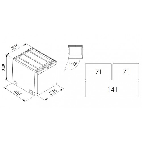 Franke šiukšlių rūšiavimo sistema 40 cm pločio spintelei CUBE 40 (14L + 2x7L)