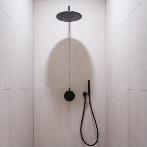 Bugnatese Kobuk potinkinė dušo sistema su dušo galva 30 cm ir rankiniu dušeliu matinės juodos spalvos