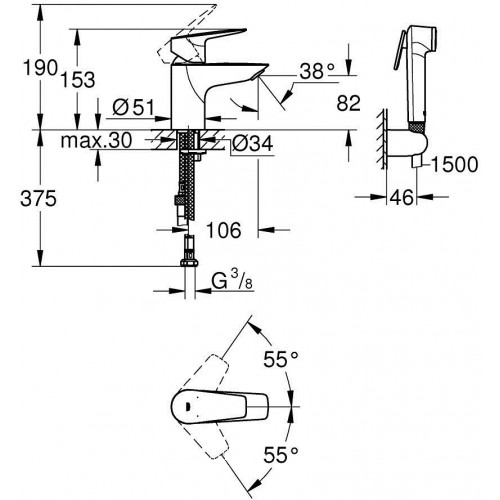 Grohe Bauedge praustuvo maišytuvas su bidete dušeliu, chromas, 23757001