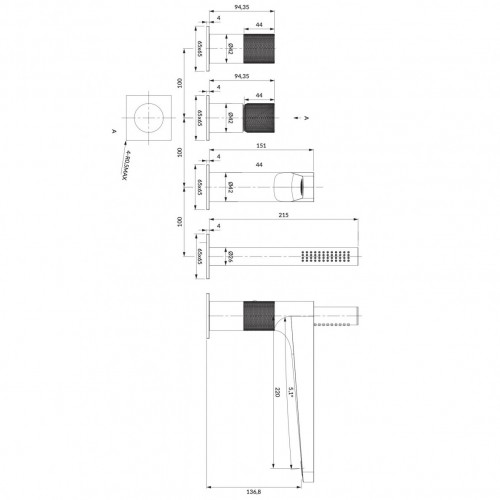 Omnires Contour 4 dalių maišytuvas voniai, braižyto aukso spalvos, CT8032GLB