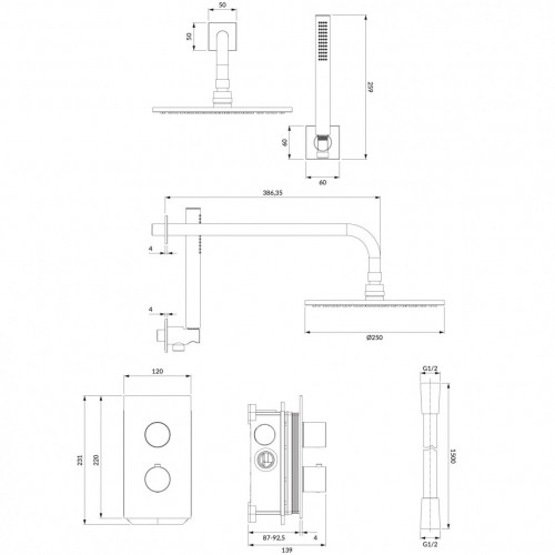 Omnires Contour potinkinė termostatinė dušo sistema, braižyto aukso spalva, SYSCT11GLB