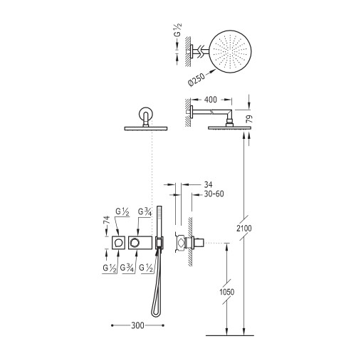 Tres Block System Round potinkinė termostatinė dušo sistema, stacionari dušo galva 25 cm, chromas
