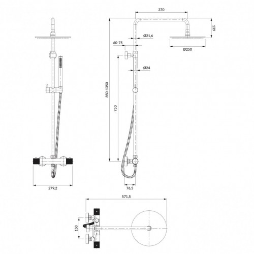 Omnires Contour virštinkinė termostatinė dušo sistema, antracito spalva, CT8044AT