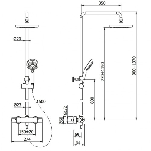 Omnires Ygric virštinkinė dušo sistema su termostatiniu maišytuvu, chromas, SYSY10/N/6CR
