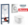 Rėmo Grohe su chromuotu mygtuku ir klozeto Ravak Uni Chrome Rimless su dangčiu komplektas