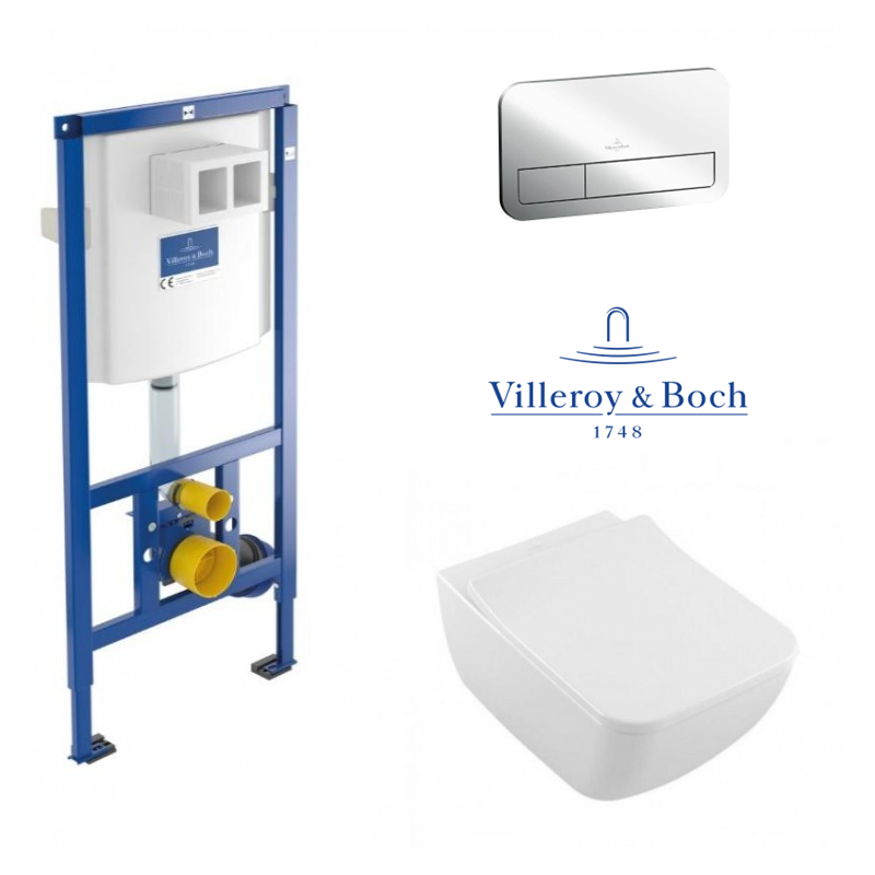 Rėmo Villeroy&Boch su chromo spalvos mygtuko ir klozeto Venticello DirectFlush su dangčiu komplektas