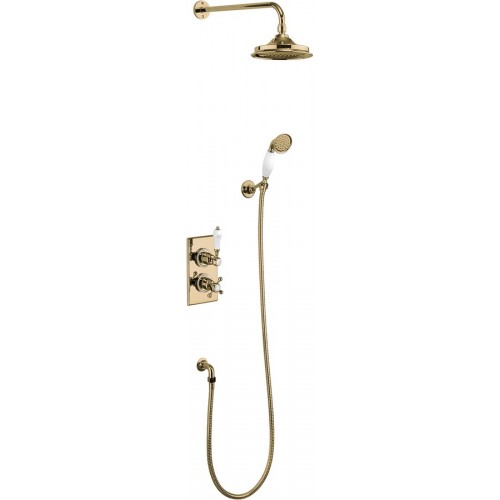 Burlington Trent potinkinis 2 taškų dušo komplektas su termostatiniu maišytuvu, stacionari dušo galva 23 cm, aukso splava