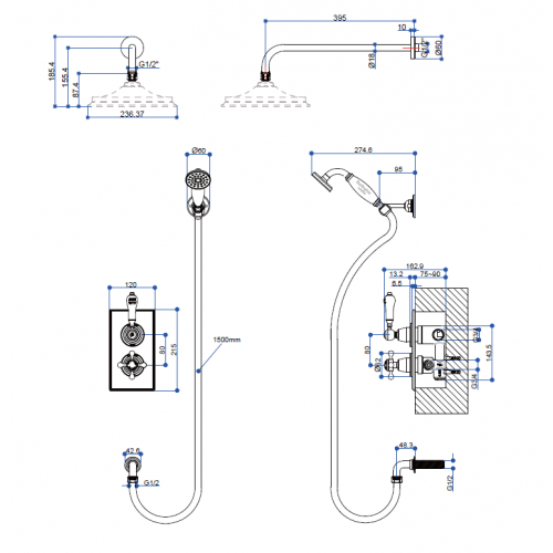 Burlington Trent potinkinis 2 taškų dušo komplektas su termostatiniu maišytuvu, stacionari dušo galva 23 cm, chromas