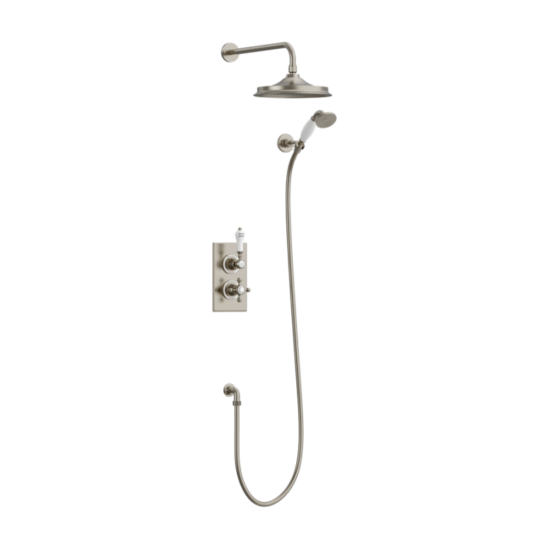 Burlington Trent potinkinis 2 taškų dušo komplektas su termostatiniu maišytuvu, stacionari dušo galva 23 cm, braižytas nikelis