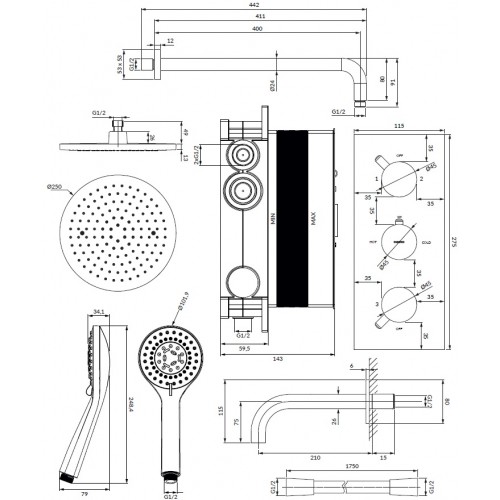 Omnires YS02 trijų taškų potinkinė vonios sistema su termostatiniu maišytuvu, dušo galva ø25 cm, chromas, SYSYS02XCR
