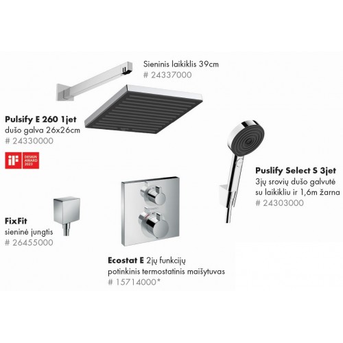 Hansgrohe Ecostat E potinkinė dušo sistema su Pulsify E 260 dušo galva ir laikikliu iš sienos, chromas