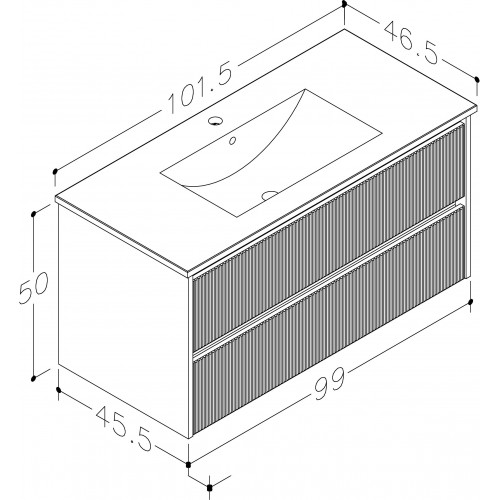 RB Urban apatinė spintelė su stalčiais, praustuvu, aliuminio profiliu, balta matinė, 101 cm
