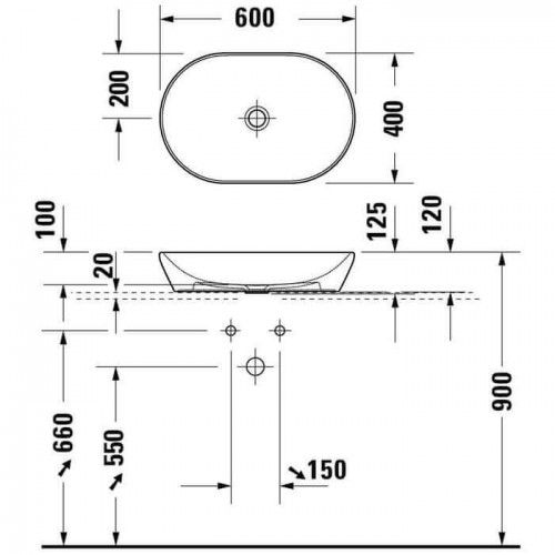Duravit D-Neo pastatomas ant stalviršio praustuvas 60x40 cm, baltas blizgus