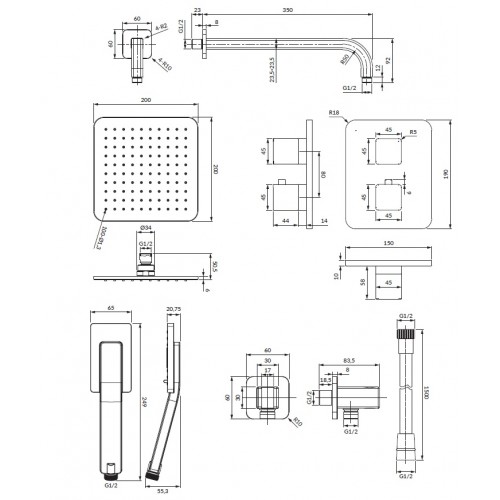 Omnires Parma potinkinė termostatinė dušo sistema su metaline dušo galva 20x20cm, grafito spalva, SYSPM11GR