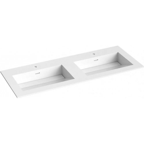 Kamė Corian baldinis dvigubas praustuvas su skyle maišytuvui 160x46 cm, baltas matinis