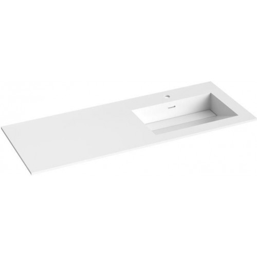 Kamė Corian baldinis praustuvas su skyle maišytuvui 200x46 cm, dubuo dešinėje pusėje, baltas matinis