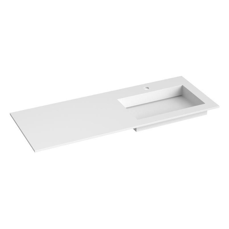 Kamė Corian praustuvas su skyle maišytuvui 120x46 cm, dubuo dešinėje pusėje, baltas matinis