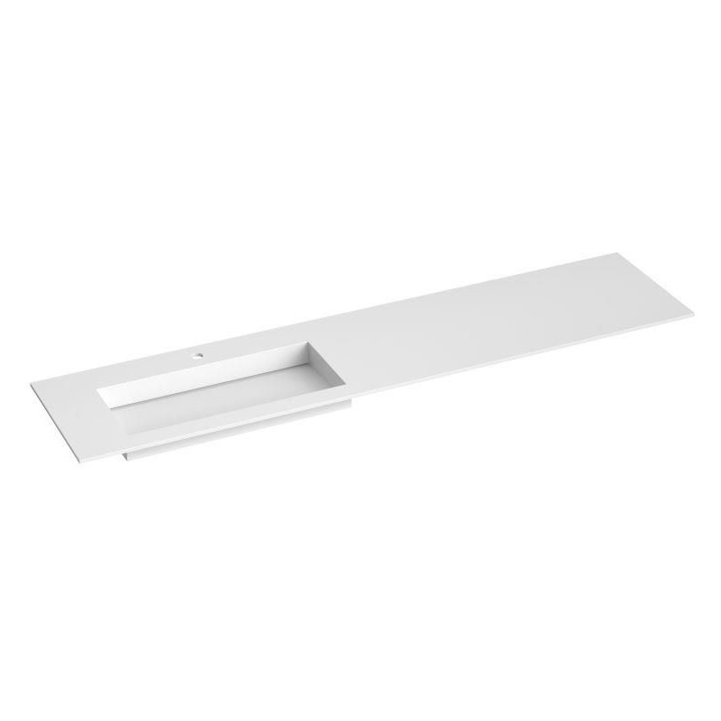 Kamė Corian praustuvas su skyle maišytuvui 200x46 cm, dubuo kairėje pusėje, baltas matinis