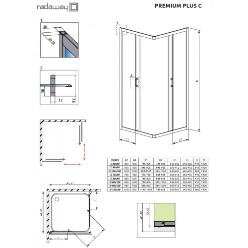 Radaway Premium Plus C kvadratinė dušo kabina 90x90 cm
