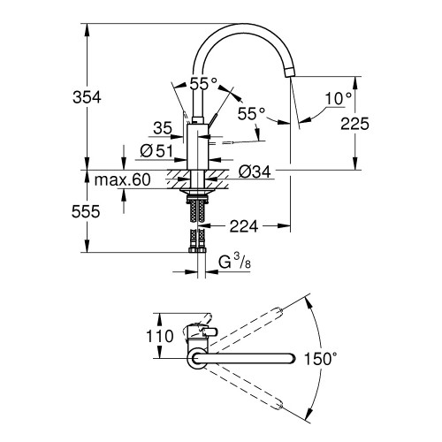 Grohe Eurosmart Cosmopitan maišytuvas plautuvei, 32843000