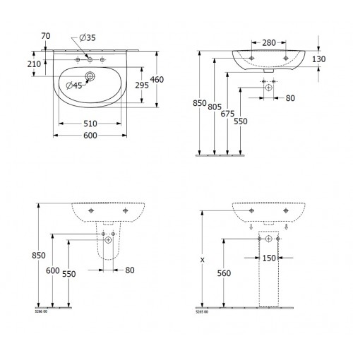 Villeroy&Boch O.Novo pakabinamas praustuvas 60x46 cm, baltas blizgus