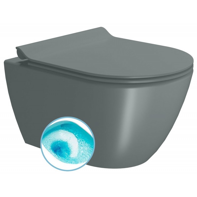 GSI Pura Compact Swirlflush® pakabinamas klozetas su plonu lėtai nusileidžiančiu dangčiu, Dual Glaze+ danga, spalva Agave matt