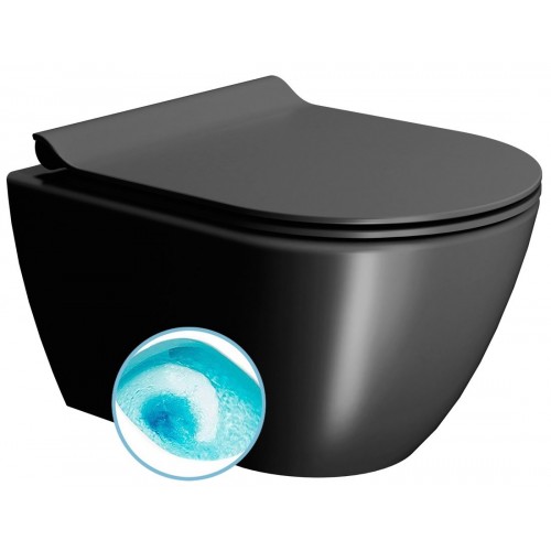 GSI Pura Compact Swirlflush® pakabinamas klozetas su plonu lėtai nusileidžiančiu dangčiu, Dual Glaze+ danga, juodas matinis