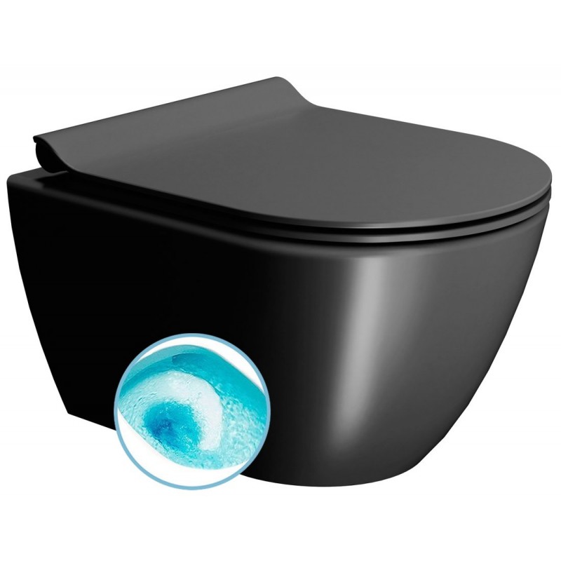 GSI Pura Compact Swirlflush® pakabinamas klozetas su plonu lėtai nusileidžiančiu dangčiu, Dual Glaze+ danga, juodas matinis