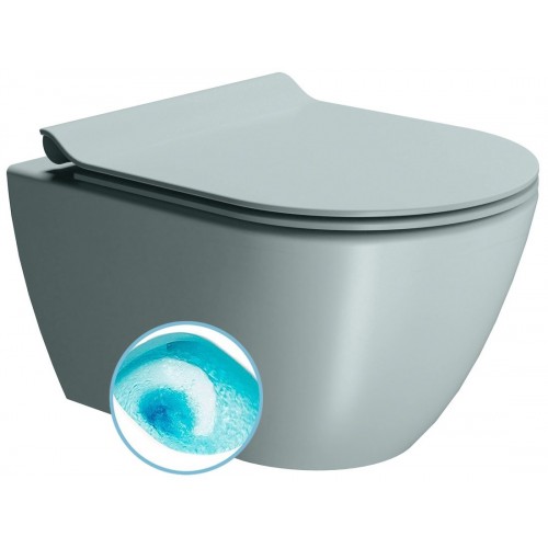 GSI Pura Swirlflush® pakabinamas klozetas su plonu lėtai nusileidžiančiu dangčiu, Dual Glaze+ danga, spalva Ghiaccio matt