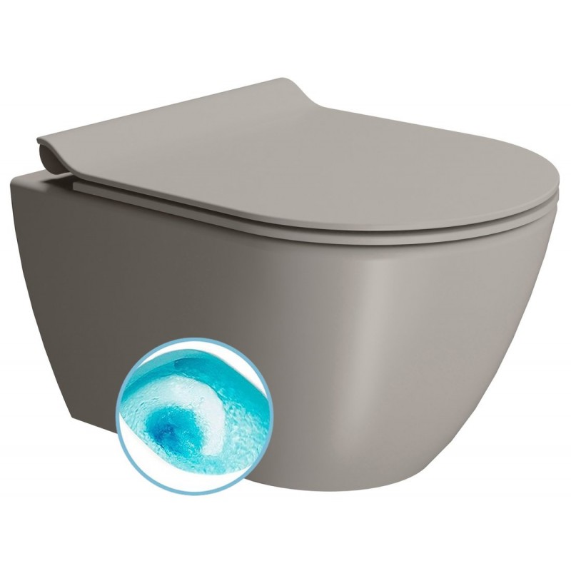GSI Pura Compact Swirlflush® pakabinamas klozetas su plonu lėtai nusileidžiančiu dangčiu, Dual Glaze+ danga, spalva Tortora matt