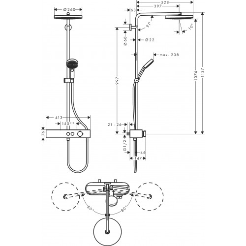 Hansgrohe Pulsify S Showerpipe 260 1jet virštinkinė dušo sistema su termostatiniu maišytuvu, spalva brushed bronze