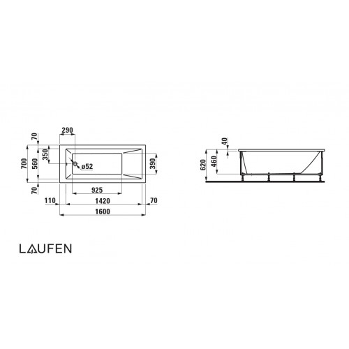 Laufen Pro stačiakampė akrilinė vonia su aliuminio rėmu 160x70 cm, balta blizgi