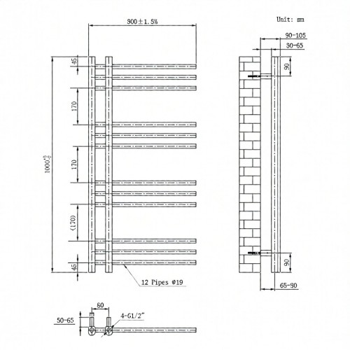 Elektrinis rankšluosčių džiovintuvas Wobbee Glaston 50x100cm su paslėptu montavimu kairėje pusėje, baltas