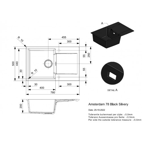 Reginox Amsterdam 78 granitinė plautuvė montuojama iš viršaus 78x50 cm, juoda (Black Silvery)