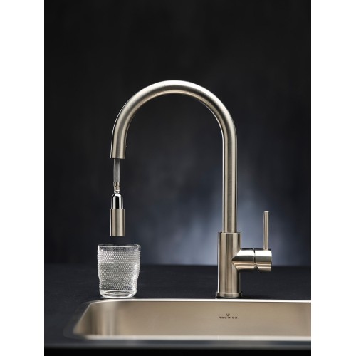 Reginox Huron RVS maišytuvas plautuvei su ištraukiamu dušeliu, brushed stainless steel spalva, R34576