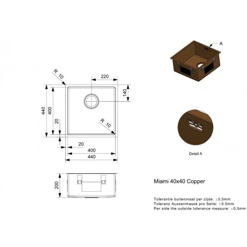 Reginox Miami Copper 40x40 nerūdijančio plieno plautuvė, vario spalva, R30707