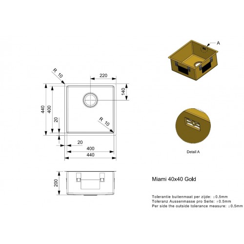 Reginox Miami Gold 40x40 nerūdijančio plieno plautuvė, aukso spalva, R30714