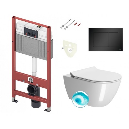 Tece wc rėmas su juodos spalvos klavišu ir GSI Pura Swirlflush® pakabinamas klozetas su dangčiu