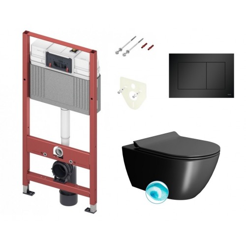 Tece wc rėmas su juodos spalvos klavišu ir GSI Pura Swirlflush® pakabinamas klozetas su dangčiu, juodas matinis