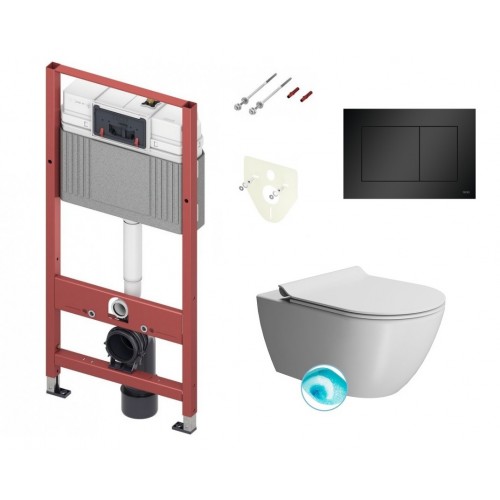 Tece wc rėmas su juodos spalvos klavišu ir GSI Pura Swirlflush® pakabinamas klozetas su dangčiu, baltas matinis