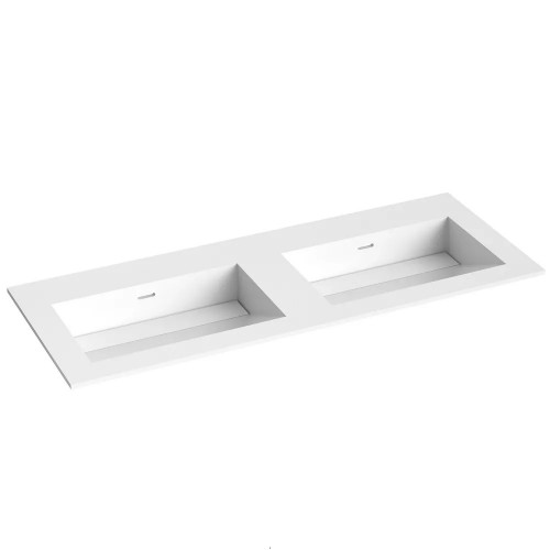 Kamė Corian baldinis dvigubas praustuvas be skylės maišytuvui 120x46 cm, baltas matinis